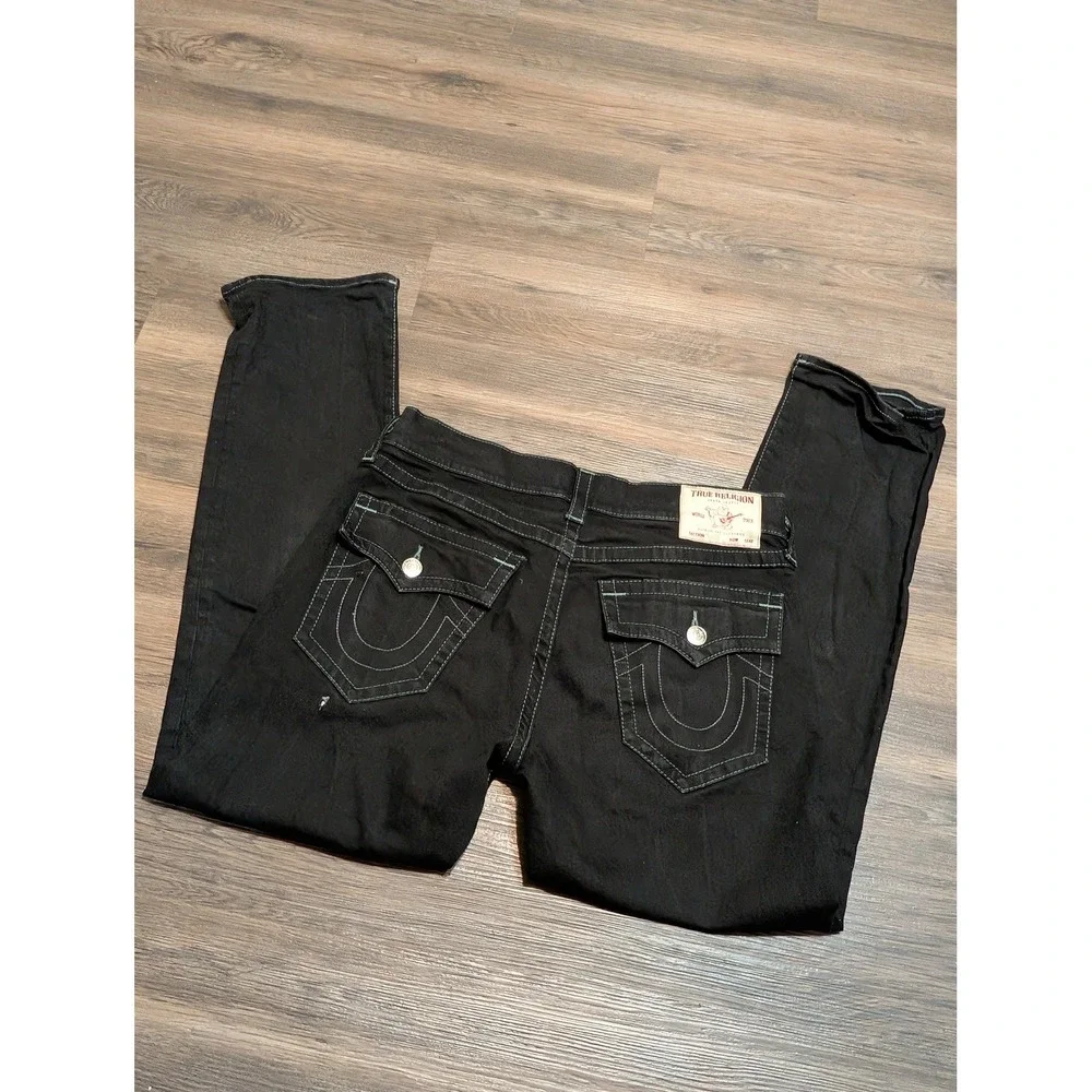 True Religion Ricky Relaxed Straight Black Contrast Stitch Flap Jeans 34x32